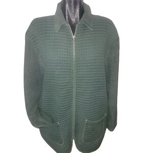 Au Coton Vintage 90's Leaf Green Textured Waffle Knit Zip-Up Sweater